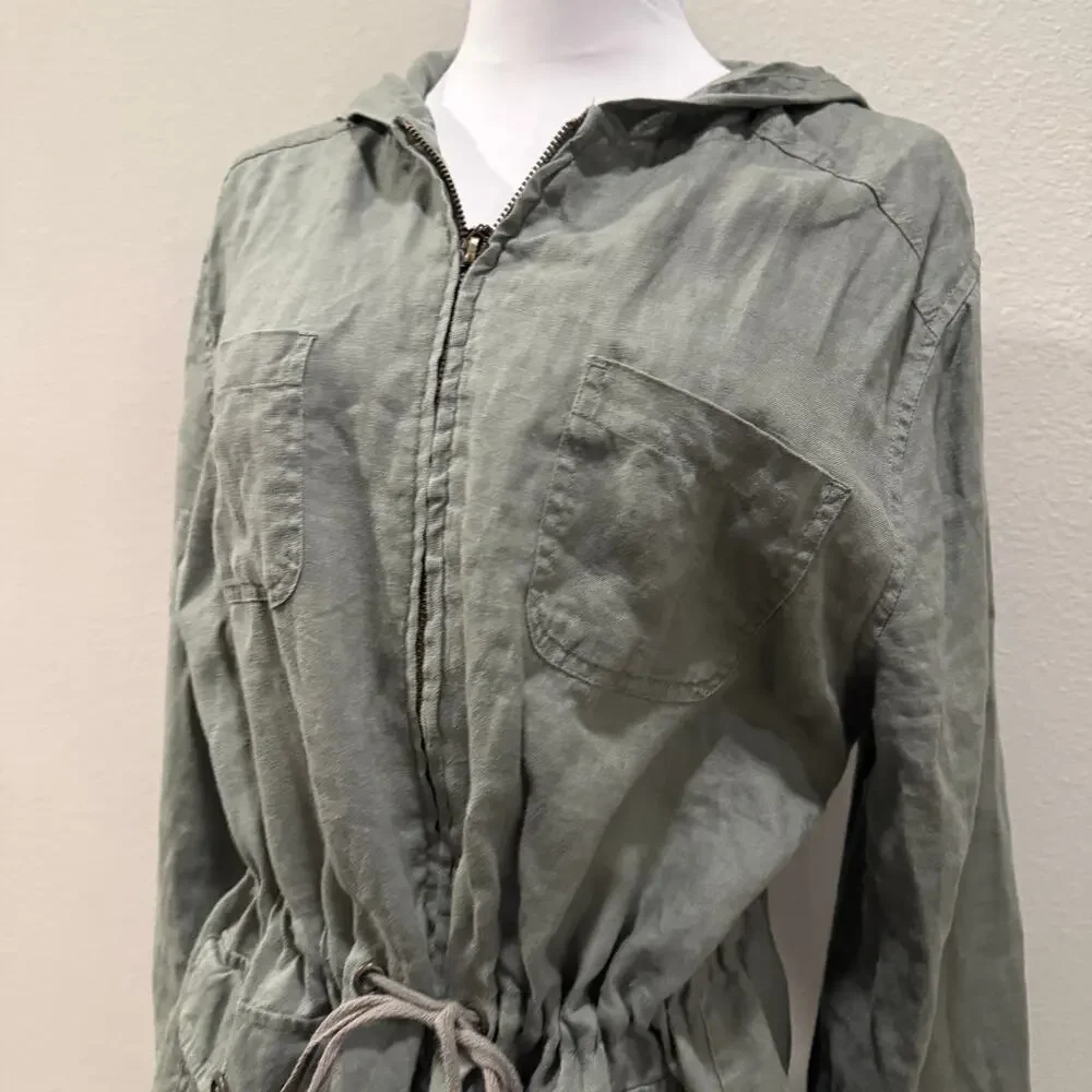 St Tropez West Olive Green 100% Linen Utility Jacket Large Coastal Safari Chic